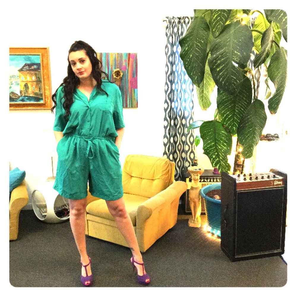 Vintage 80s Teal Green Romper